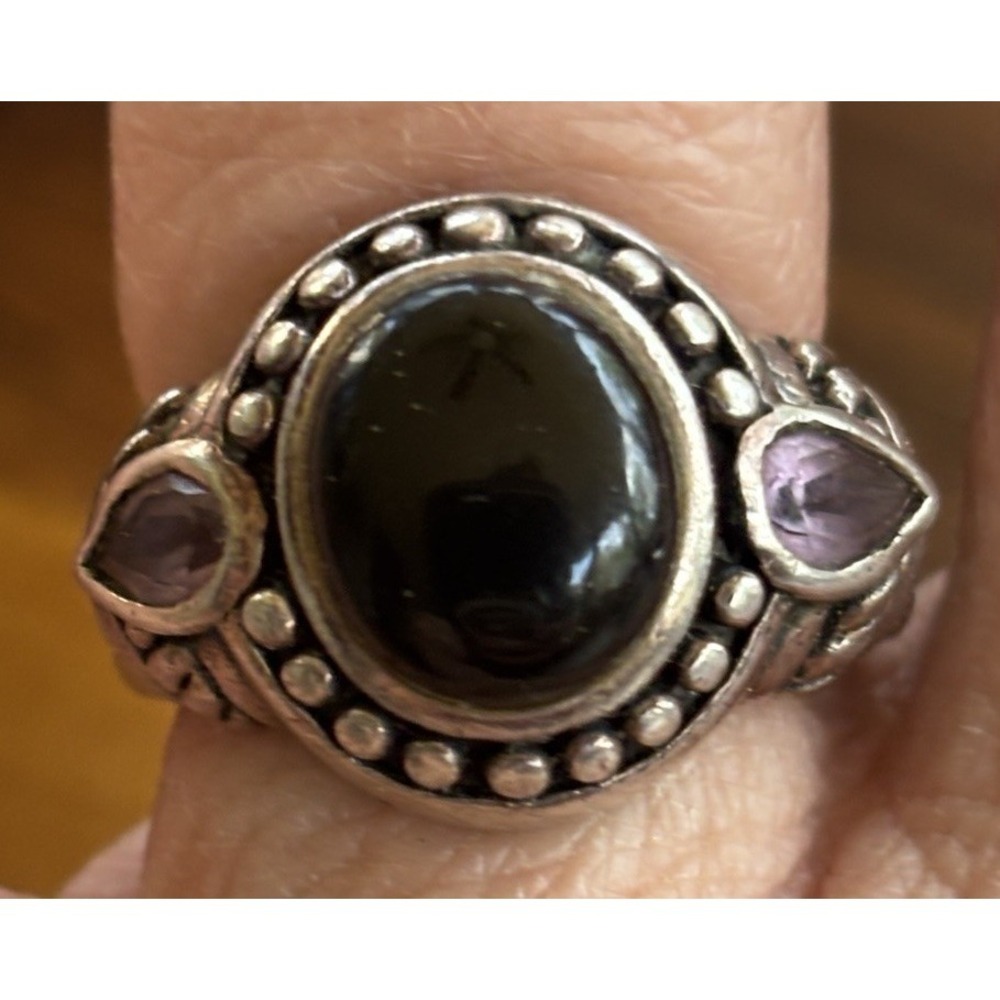 .925 Sterling Silver Onyx Amethyst Bali Style Ring Size 7.5